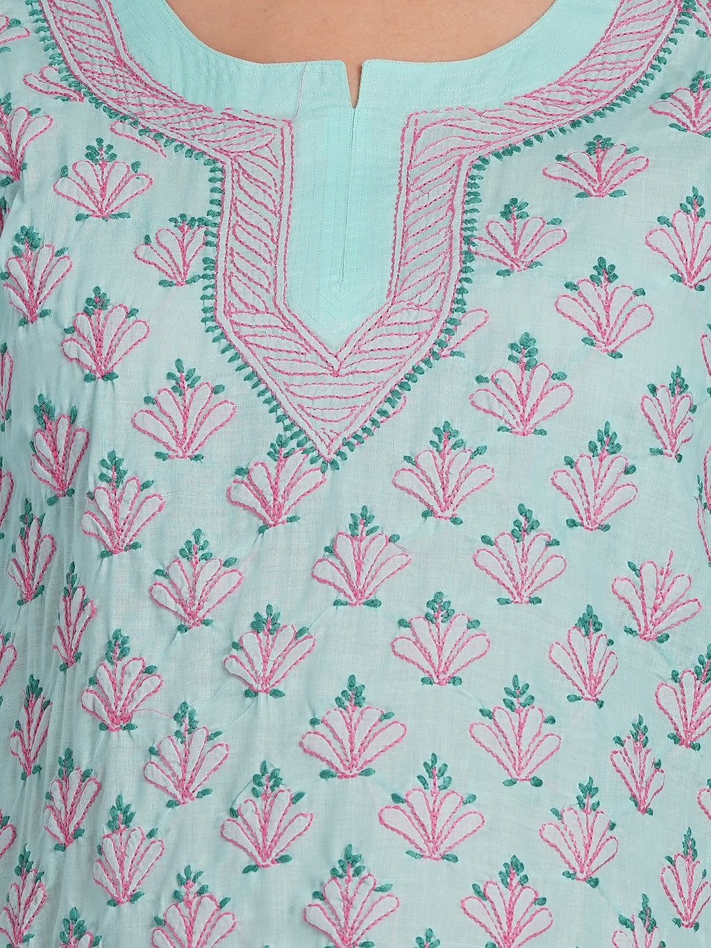 Karigiri Lucknowi Chikankari Hand Embroidered Pure Cotton Short Kurti, Mint Green, Traditional Ethnic Wear