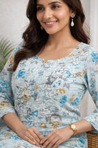 Karigiri Sky Blue Chikankari Cotton Kurti Pant Set_KF0181