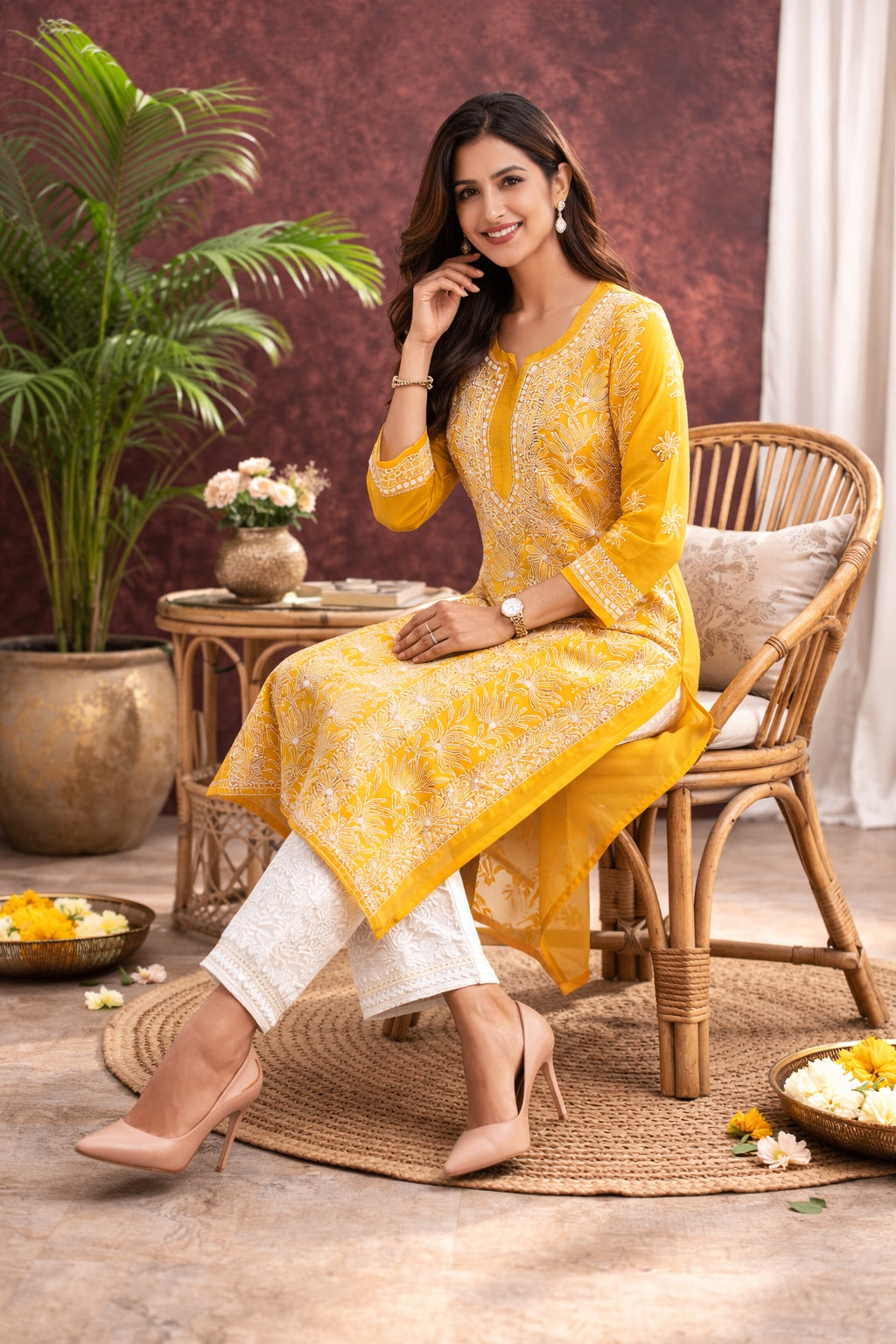 Karigiri Mustard Yellow Georgette Chikankari Kurti Women_KF0132