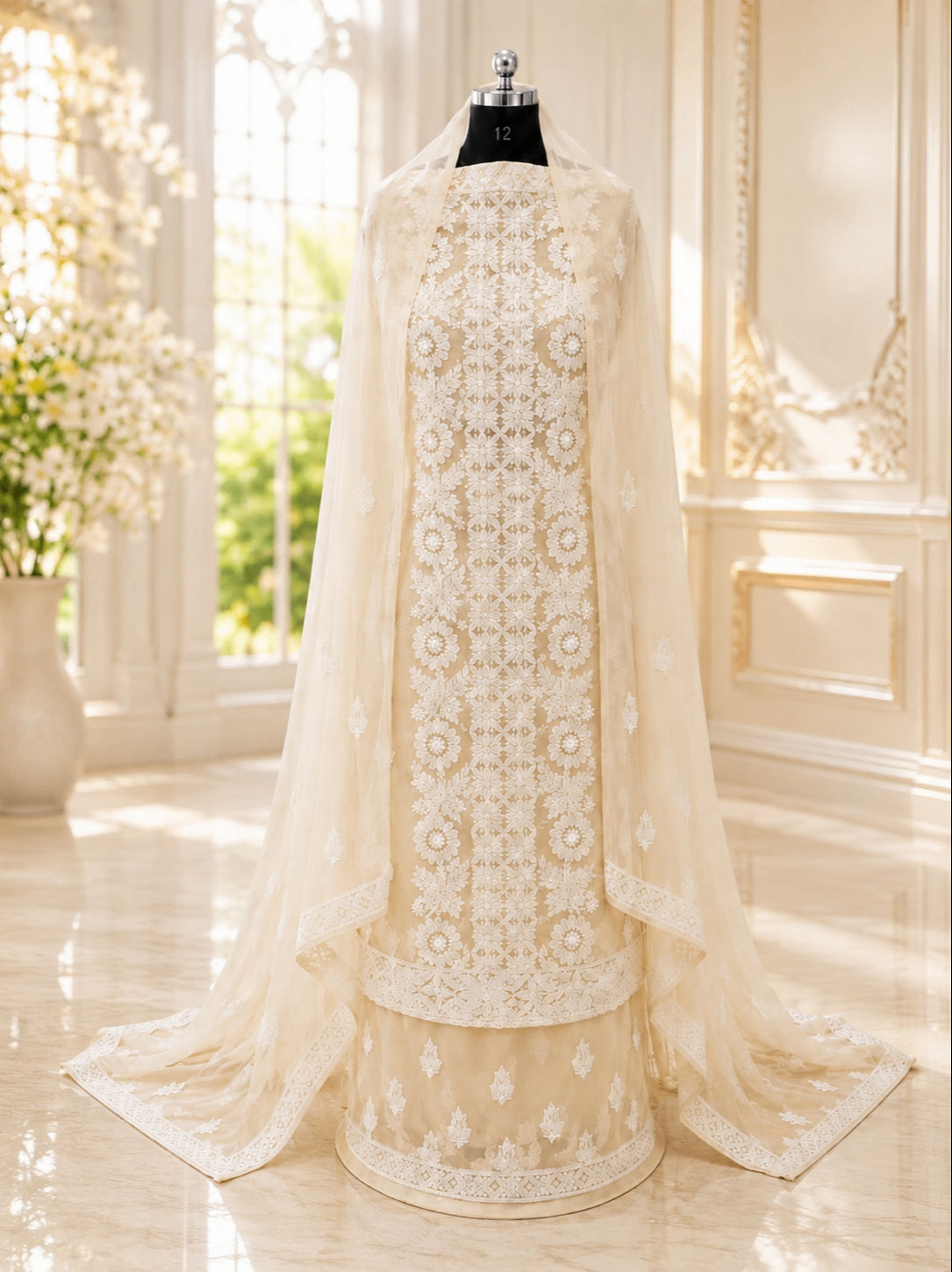 Karigiri Cream White Hand Embroidered Georgette Chikankari Suit_AFG043