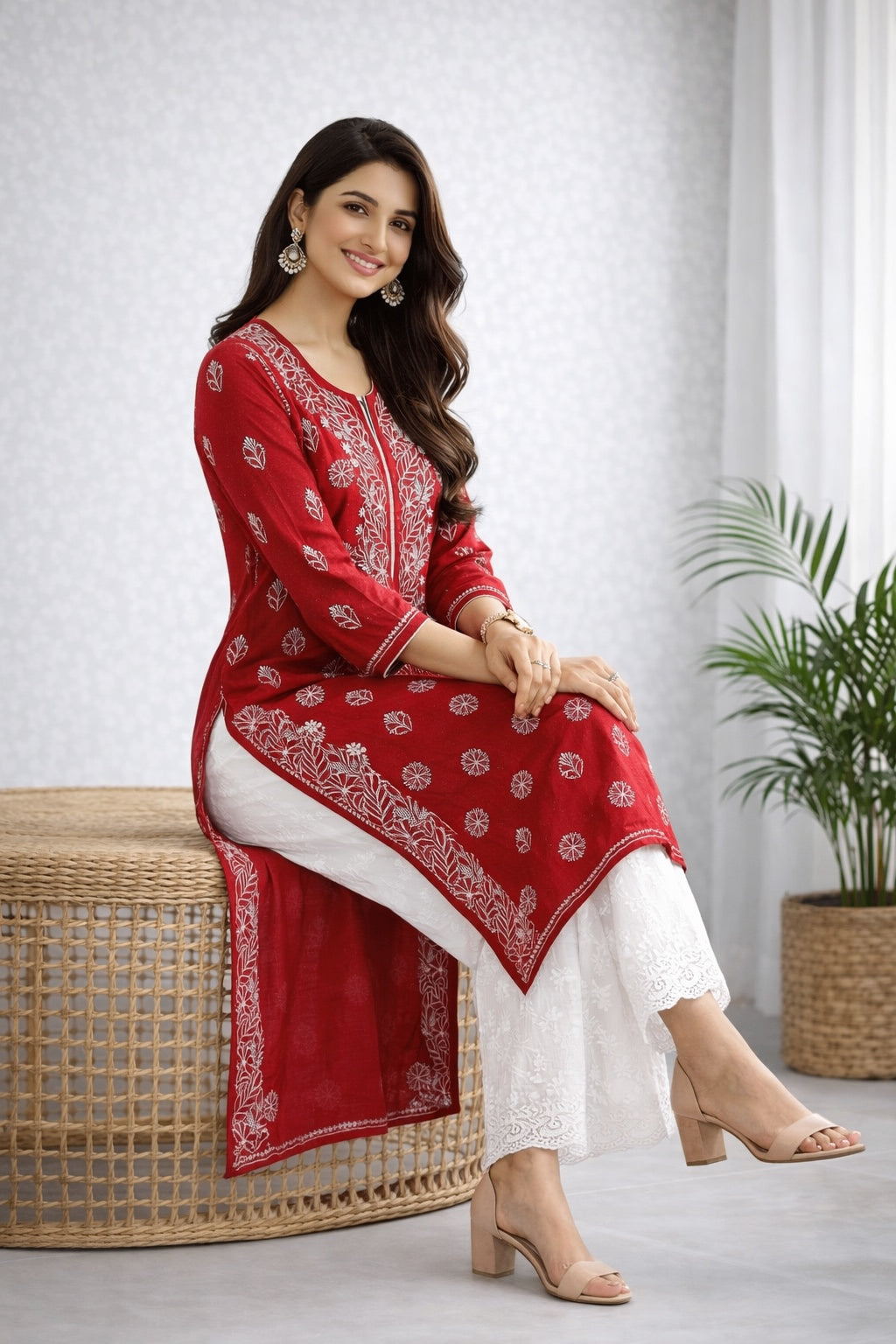 Karigiri Red Chikankari Rayon Cotton Kurti Women_KF0098