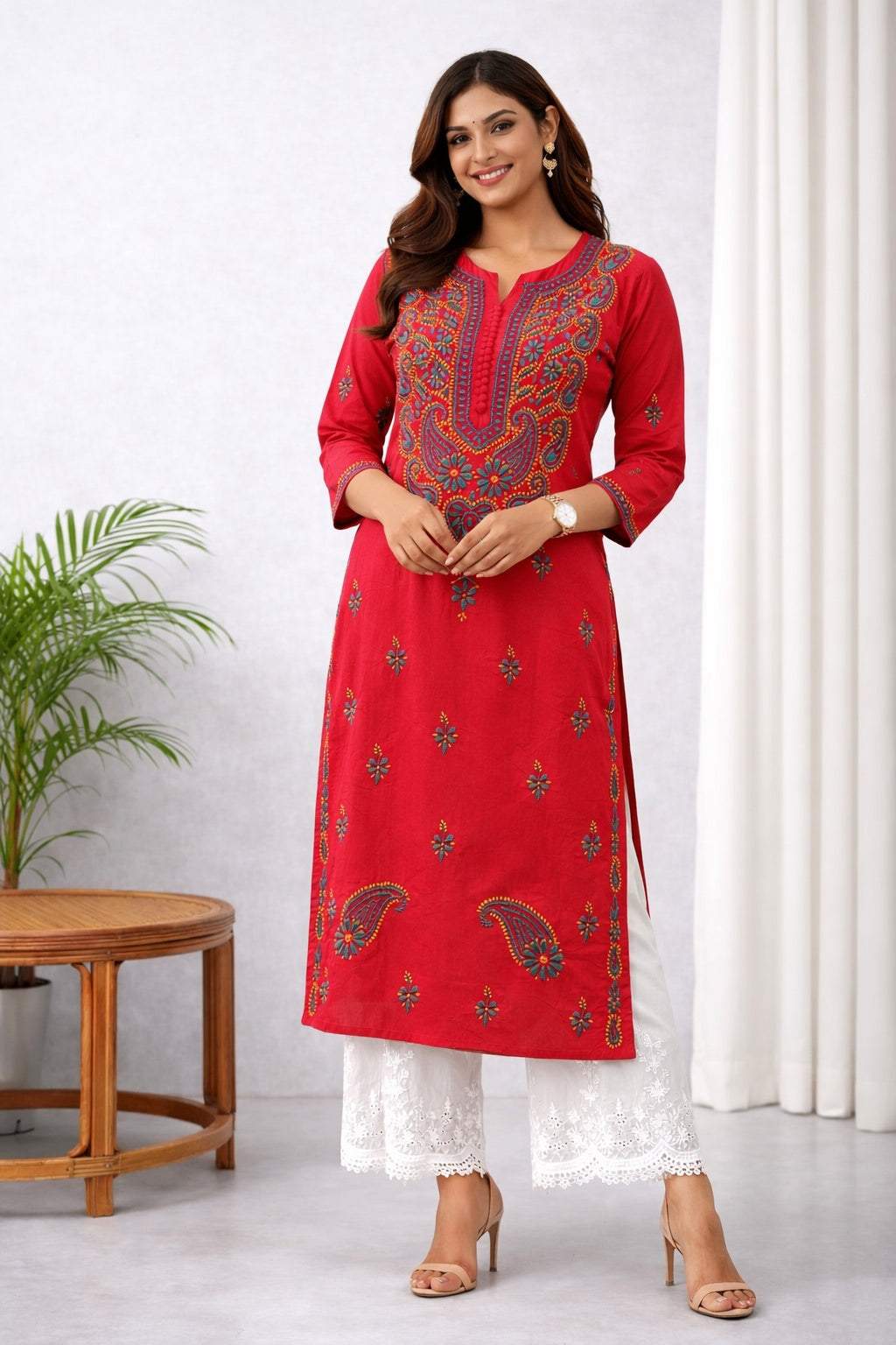 Karigiri Red Chikankari Cotton Kurti for Women_KF0082