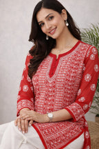 Karigiri Red Chikankari Georgette Short Kurti_KF0173