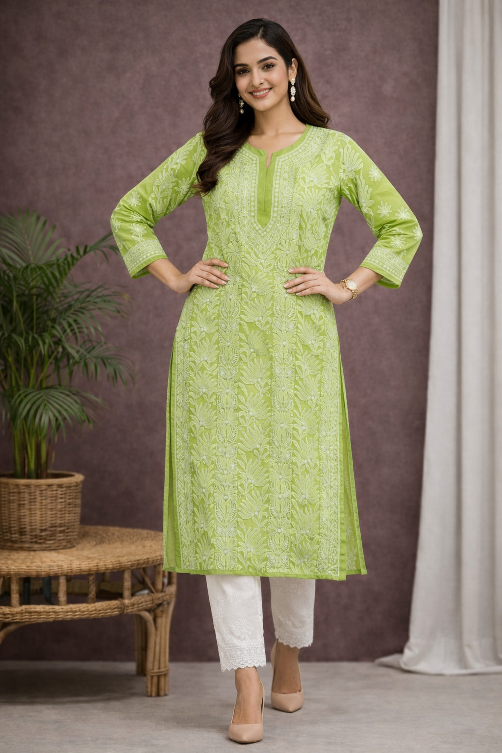 Karigiri Pista Green Chikankari Georgette Kurti_KF0154