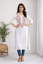 Karigiri White Chikankari Cotton Kurti Red thread Floral_KF0137
