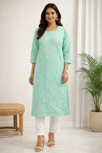 Karigiri Mint Green Chikankari Cotton Kurti_KF0129
