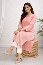 Karigiri Peach Lucknowi Chikankari Cotton Kurti_KF0049