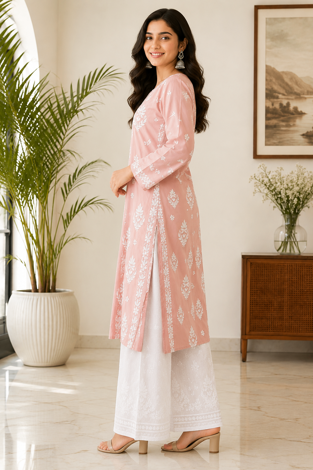 Karigiri Blush Pink Chikankari Mulmul Cotton Kurti KF0025