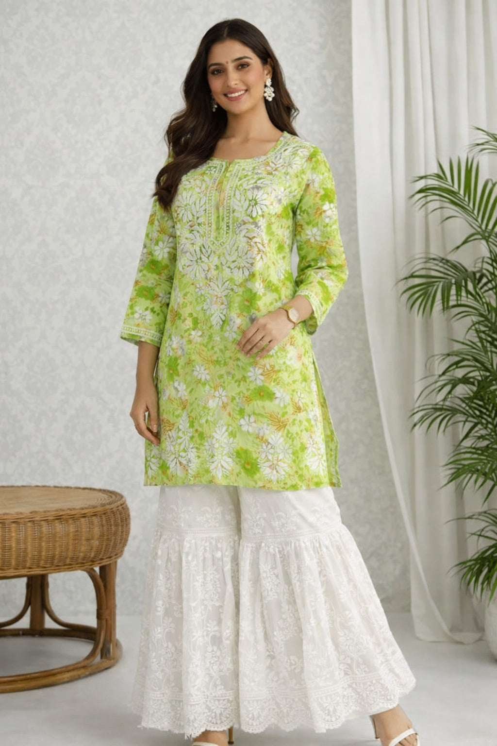 Karigiri Green Floral Chikankari Printed Cotton Short Kurti_KF0033