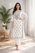 Karigiri White Chikankari Cotton Kurti 3/4 Sleeve_KF0204