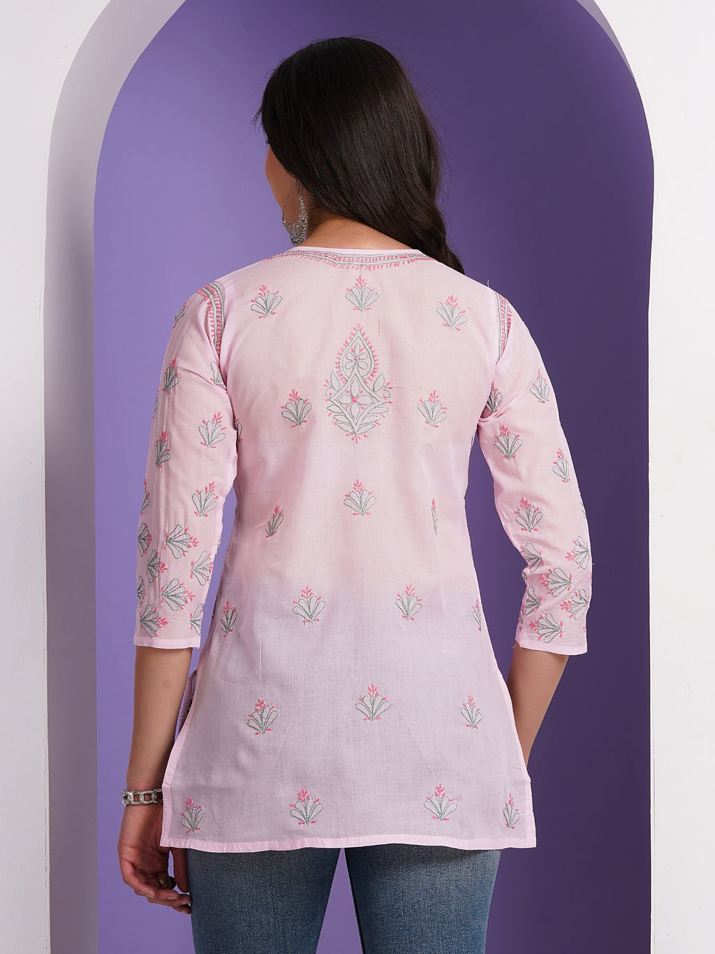 Karigiri Pink Lucknowi Chikankari Hand Embroidered Pure Cotton Straight Hip-Length Short Kurti, 3/4 Sleeve, Ethnic Casual Wear for Women