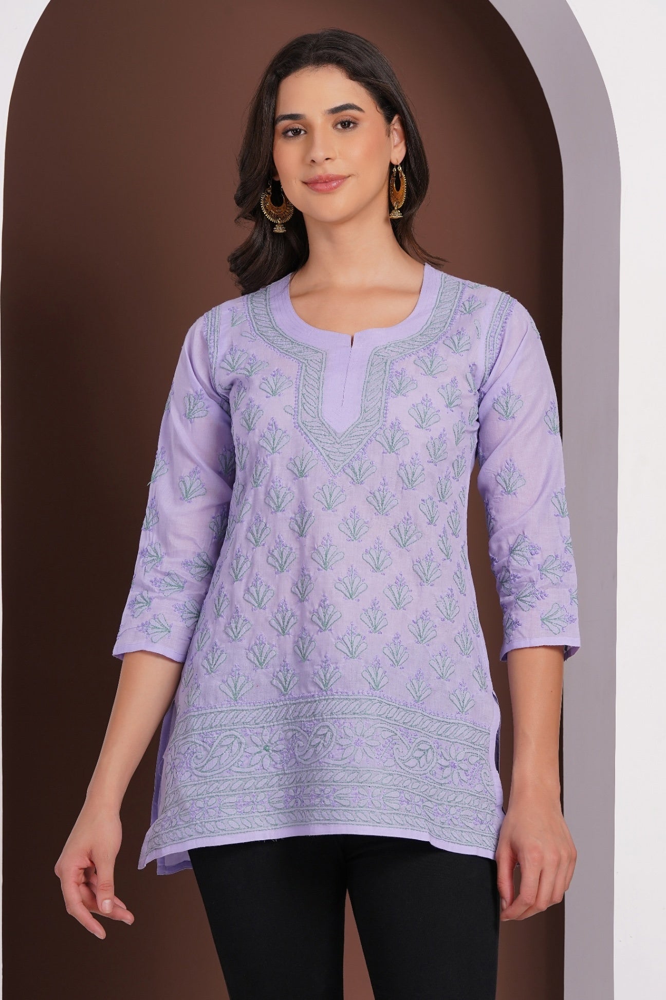 Karigiri Lucknowi Chikankari Hand Embroidered Pure Cotton Straight Hip Length Short Lavender Kurti, 3/4 Sleeve, Ethnic Wear