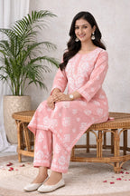 Karigiri Blush Pink Chikankari Cotton Kurti Set_KF0020
