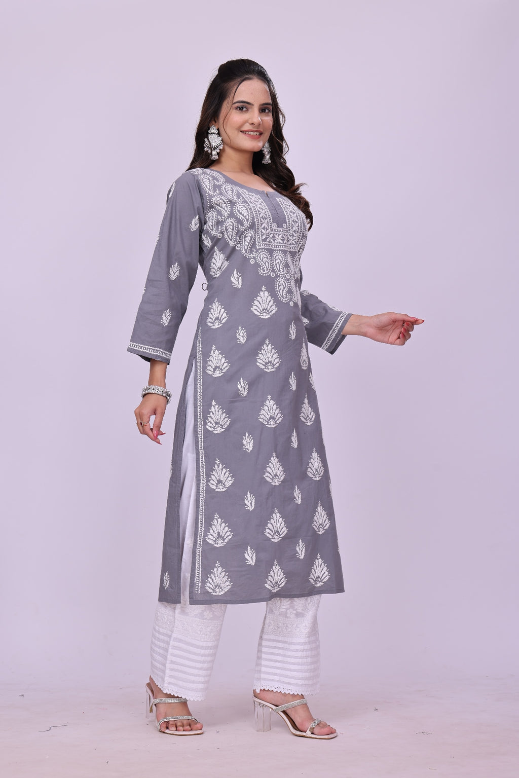 Karigiri Grey Chikankari Modal Cotton Kurti_KF0041