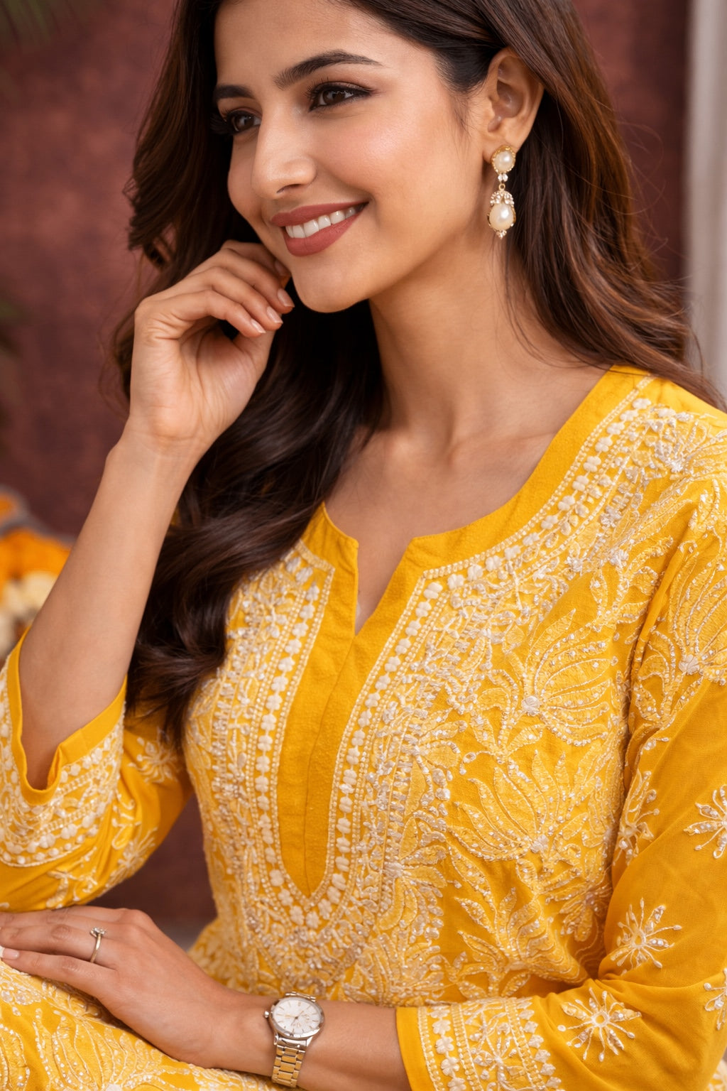 Karigiri Mustard Yellow Georgette Chikankari Kurti Women_KF0132