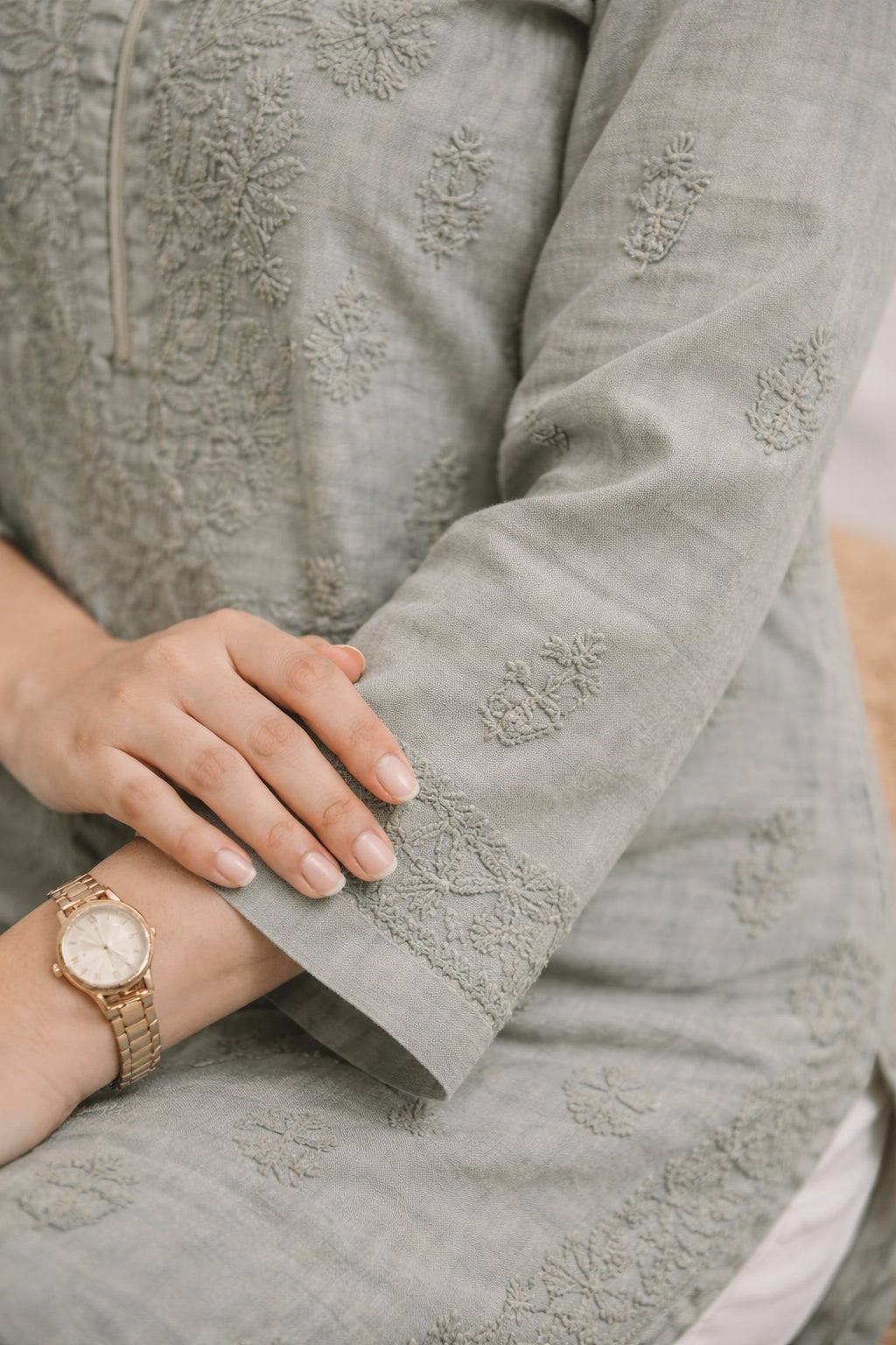 Karigiri Sage Green Chikankari Rayon Cotton Kurti_KF0099