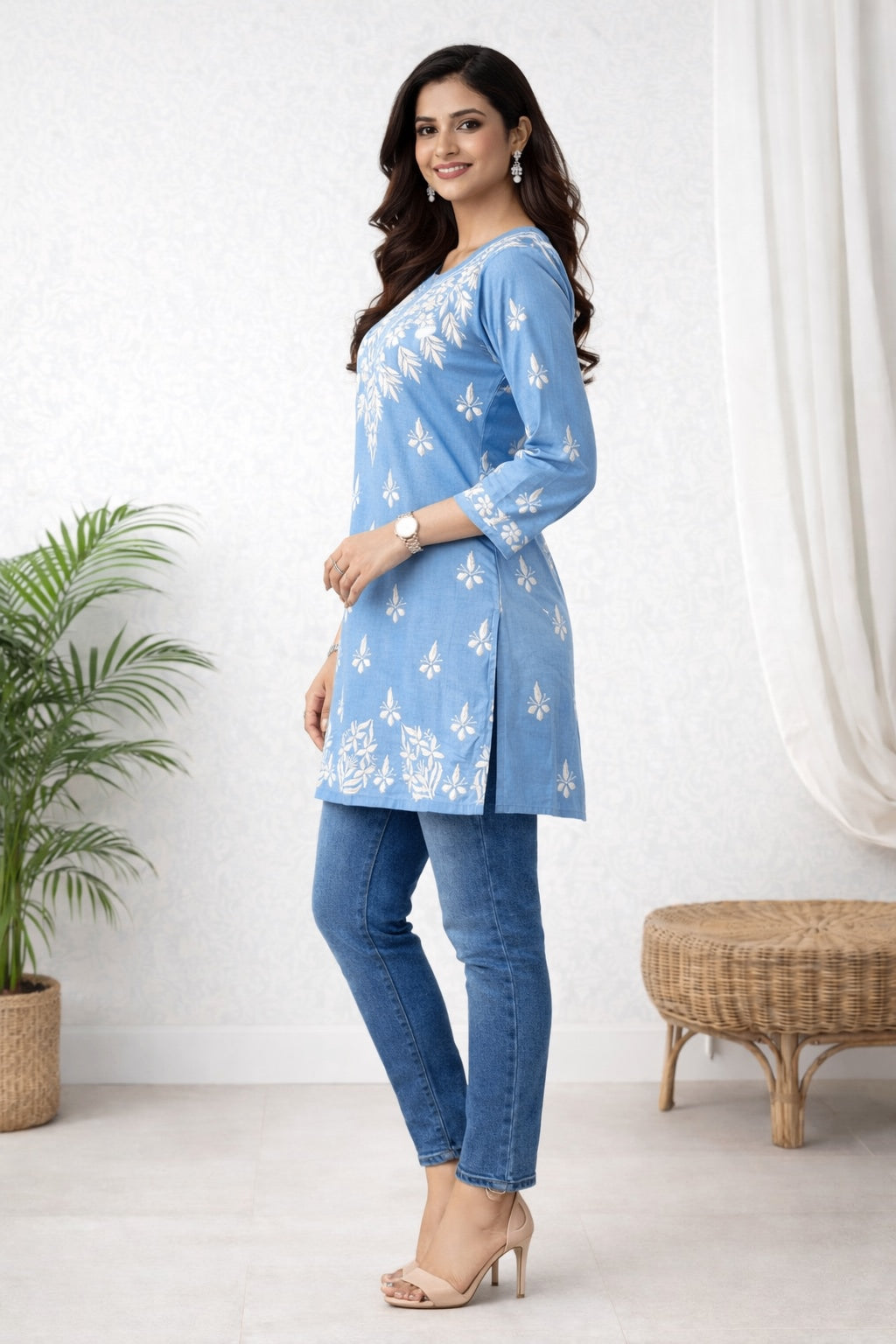 Karigiri Blue Chikankari Rayon Short Kurti Women_KF0017