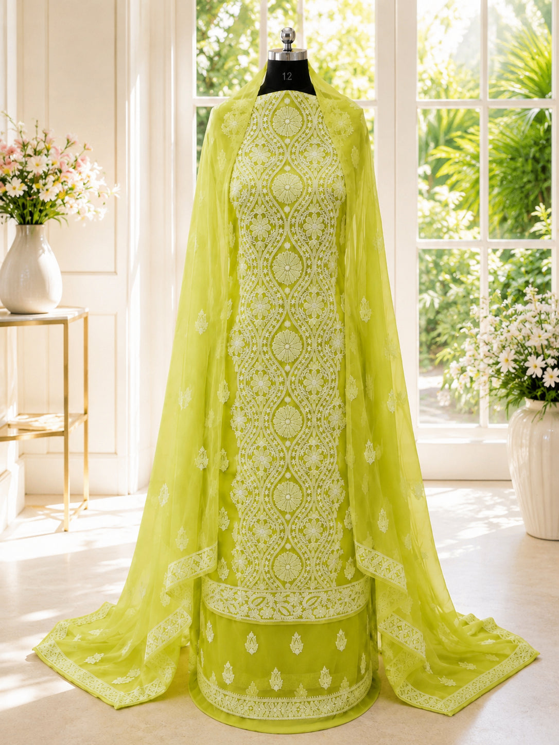Karigiri Lime Green Hand Embroidered Georgette 3-Piece_AFG027