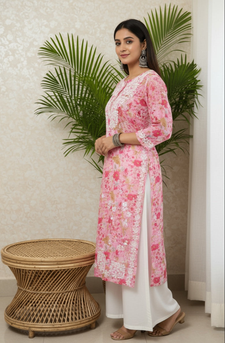 Karigiri Pink Floral Chikankari Printed Cotton Kurta_KF0218