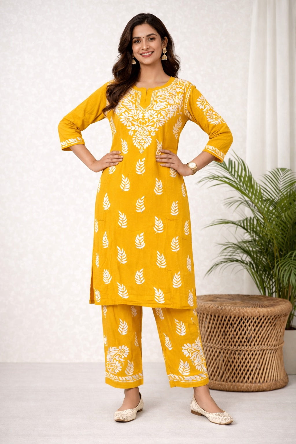 Karigiri Mustard Floral Chikankari Mulmul Cotton Kurti Set_KF0065