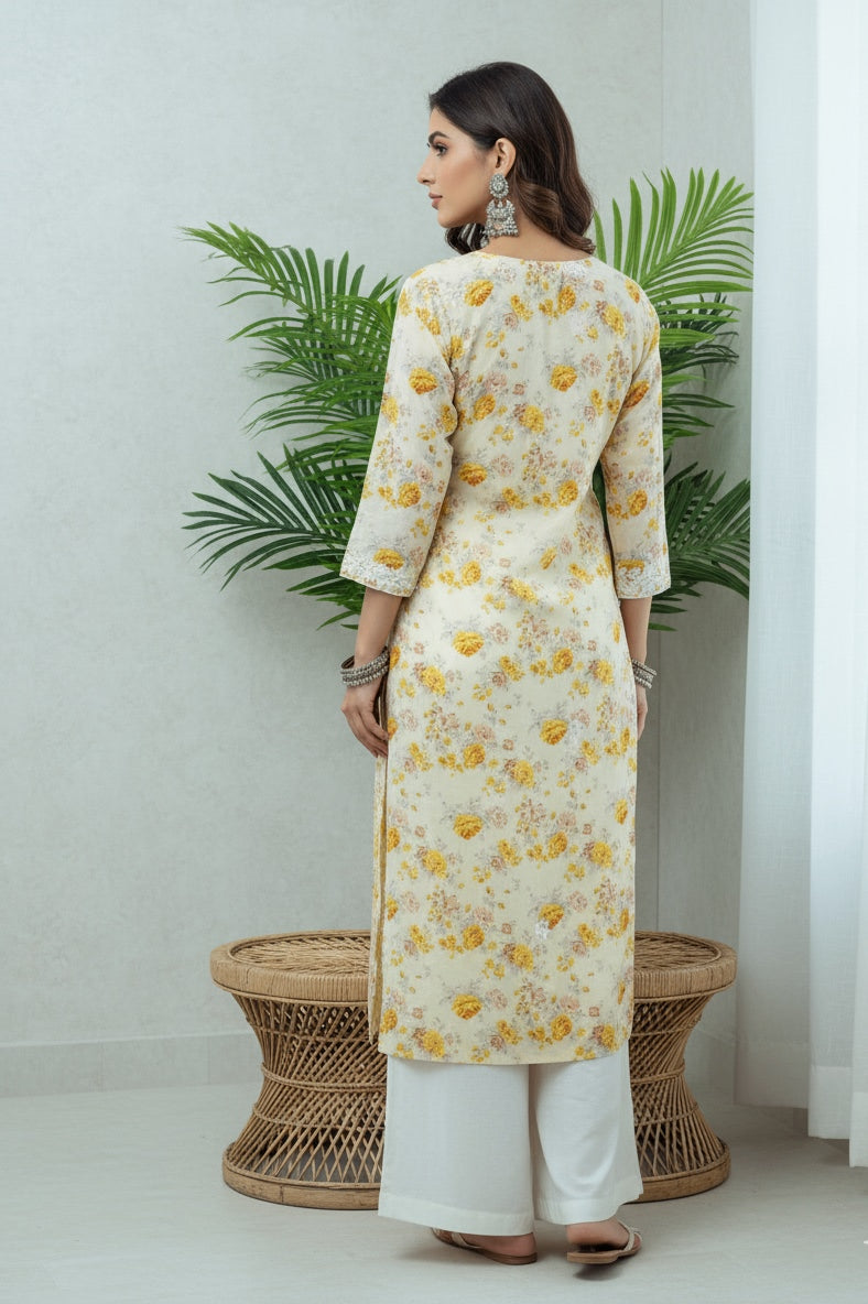 Karigiri Yellow Floral Chikankari Printed Cotton Kurta Women_KF0087