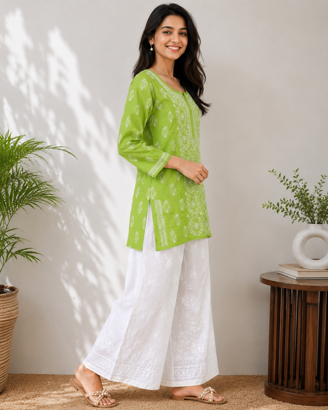 Karigiri Lime Green Floral Chikankari Cotton Short Kurti_KF0300