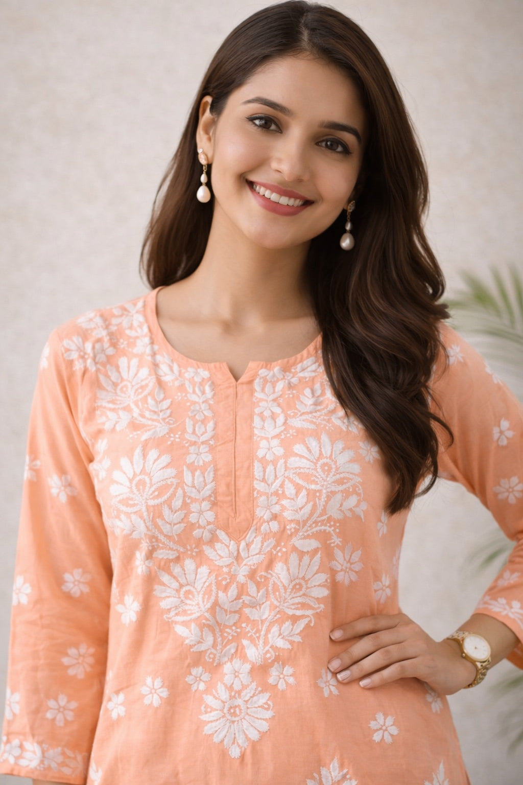Karigiri Peach Floral Chikankari Mulmul Cotton Kurti Set_KF0142