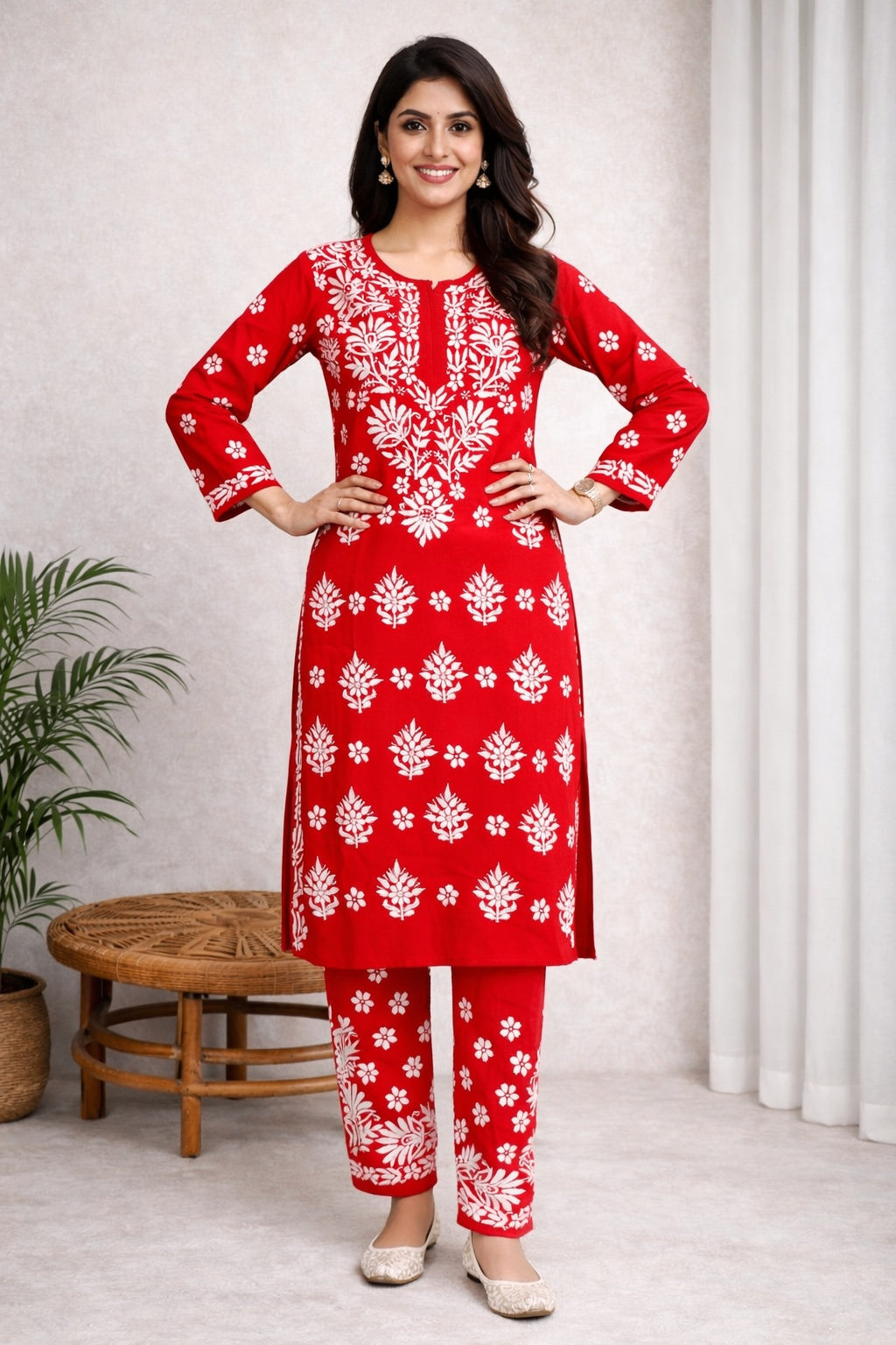 Karigiri Red Floral Chikankari Kurti Set Soft Mulmul Cotton_KF0170