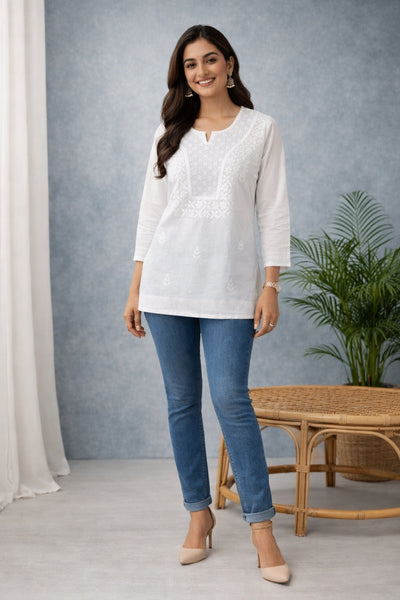 Karigiri White Chikankari Cotton Short Kurti_KF0200
