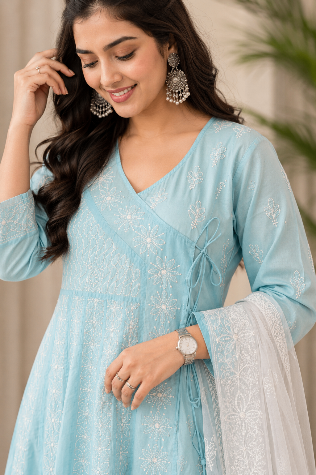Karigiri Sky Blue Hand Embroidered Chikankari Cotton Anarkali Kurti