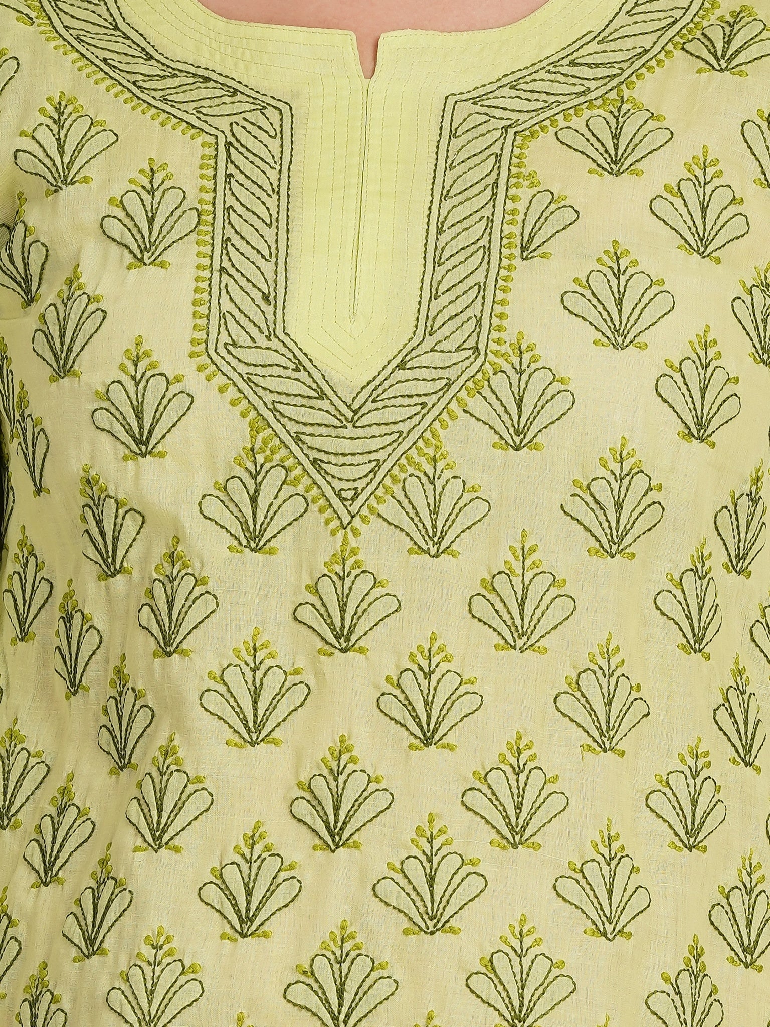 Karigiri Pistachio Green Chikankari Hand Embroidered Pure Cotton Straight Hip Length Short Kurti