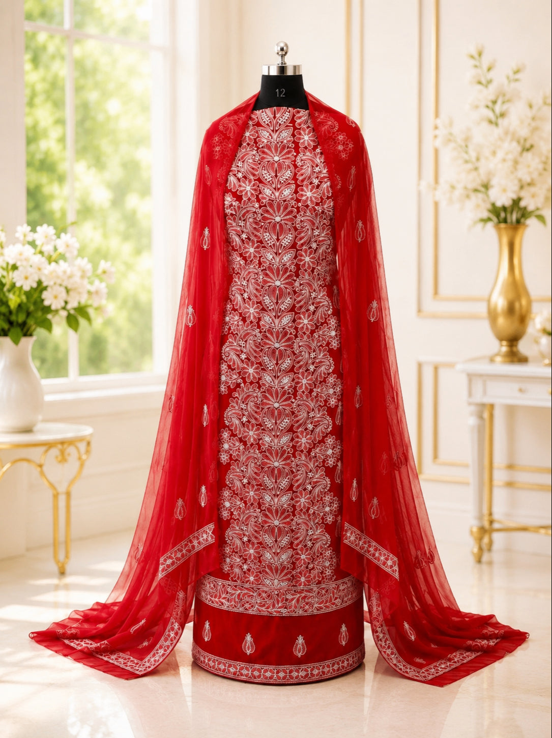 Karigiri Cherry Red Hand Embroidered Georgette Dress Set_AFG051