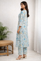 Karigiri Sky Blue Chikankari Cotton Kurti Pant Set_KF0181
