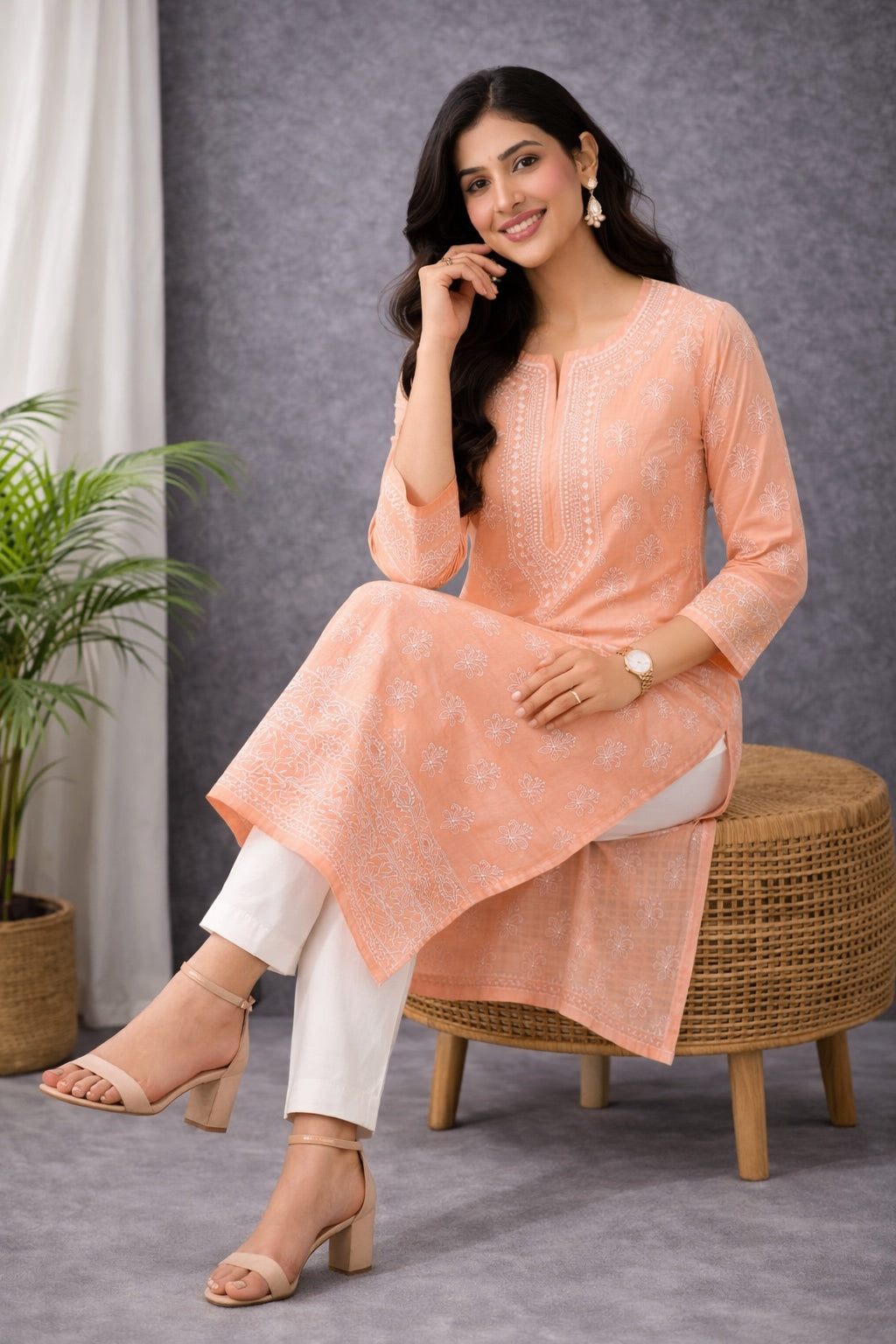 Karigiri Women’s Pure Soft Cotton Kurti, Peach with Lucknowi Chikankari Embroidery, Straight Fit, Round Neck, 3/4 Sleeves