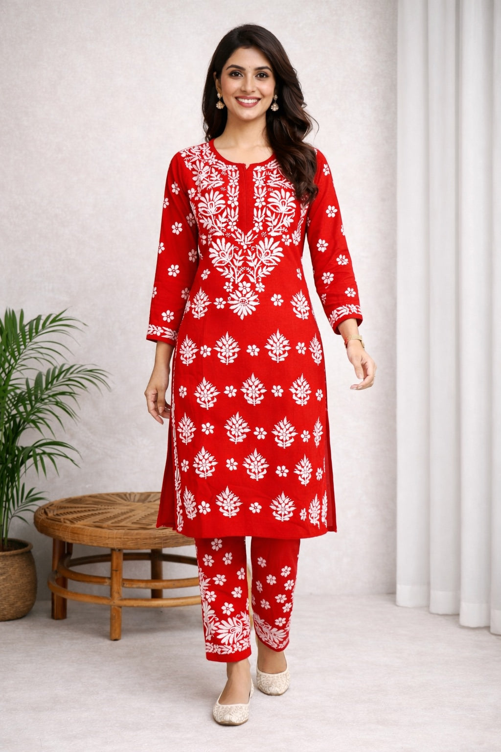Karigiri Red Floral Chikankari Kurti Set Soft Mulmul Cotton_KF0170