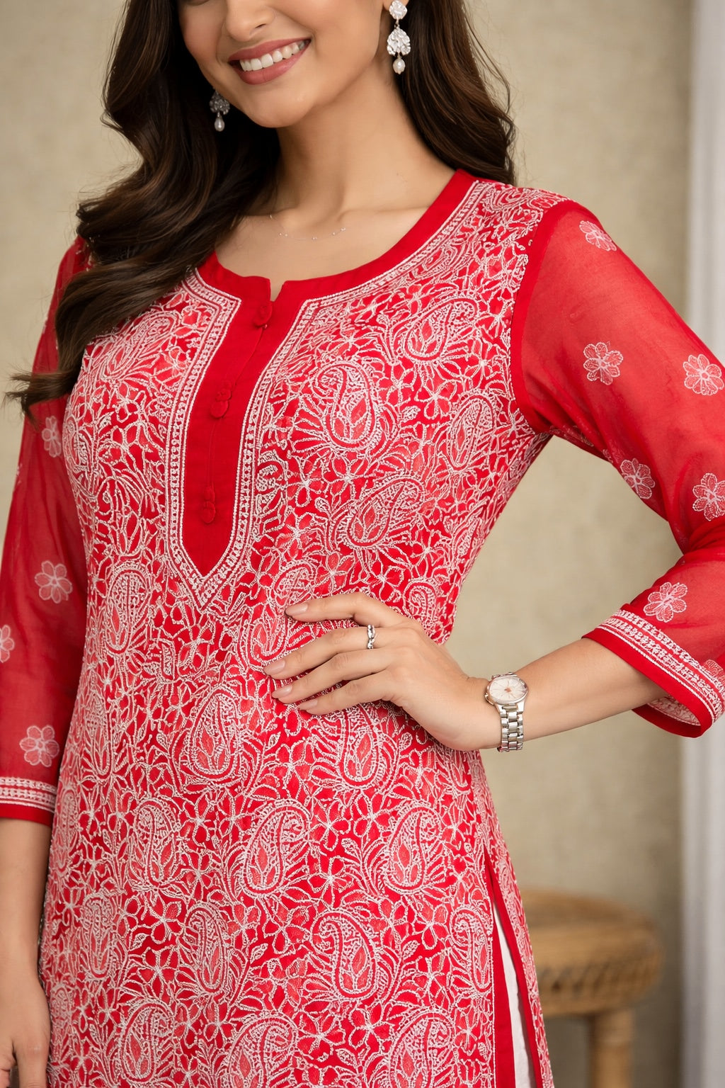 Karigiri Red Georgette Chikankari Kurti Jaaldar work_KF0172