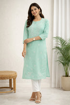 Karigiri Mint Green Chikankari Cotton Kurti_KF0129