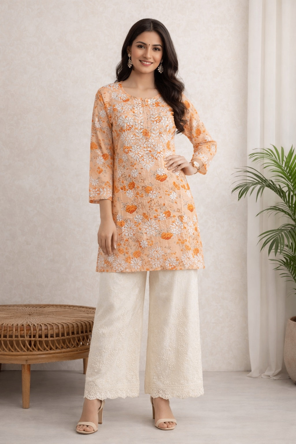 Karigiri Peach Floral Chikankari Printed Cotton Short Kurti_KF0143
