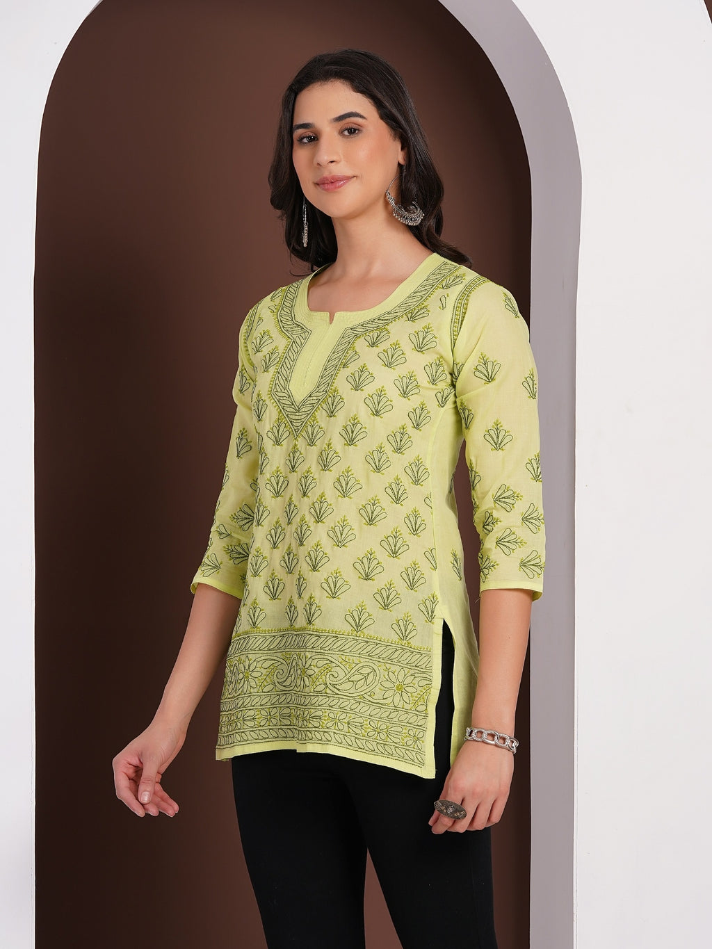 Karigiri Pistachio Green Chikankari Hand Embroidered Pure Cotton Straight Hip Length Short Kurti