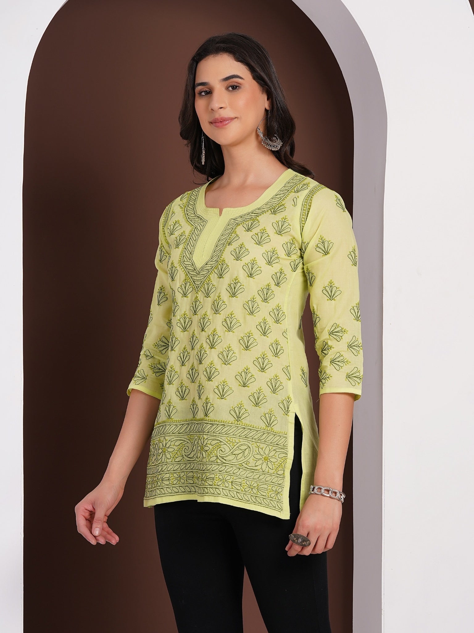 Karigiri Pistachio Green Chikankari Hand Embroidered Pure Cotton Straight Hip Length Short Kurti