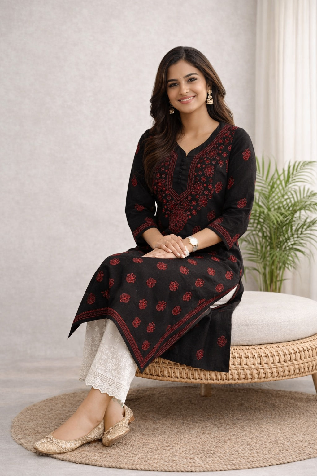 Karigiri Black Red Chikankari Cotton Kurti Women_KF0007