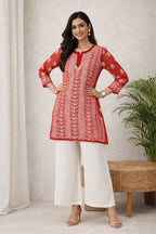 Karigiri Red Chikankari Georgette Short Kurti_KF0173