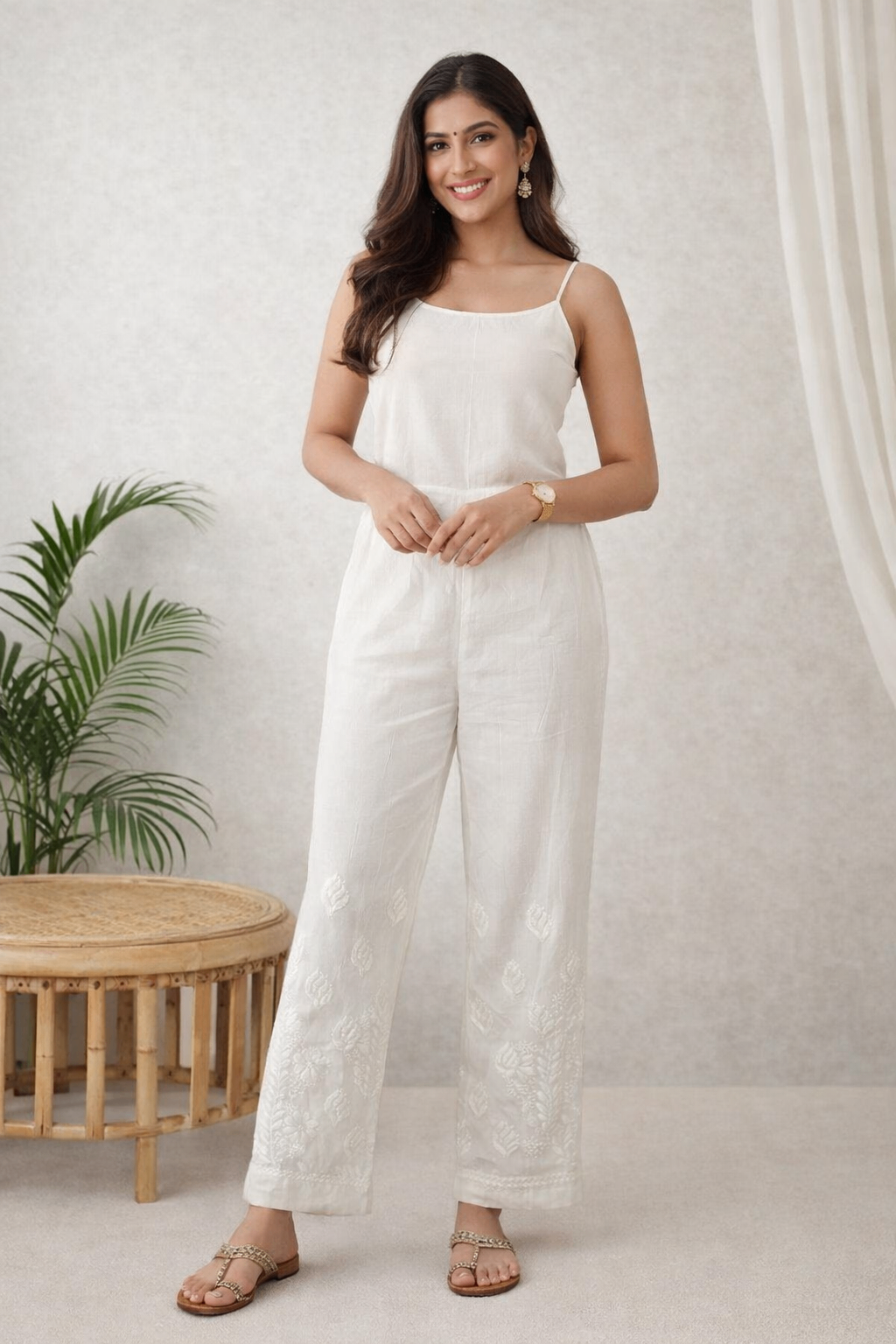 Karigiri White Chikankari Cotton Palazzo Pants_KF0206