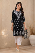 Karigiri Black Lucknowi Chikankari Hand Embroidered Soft Mulmul Cotton Straight Kurti for Women_KFB0412