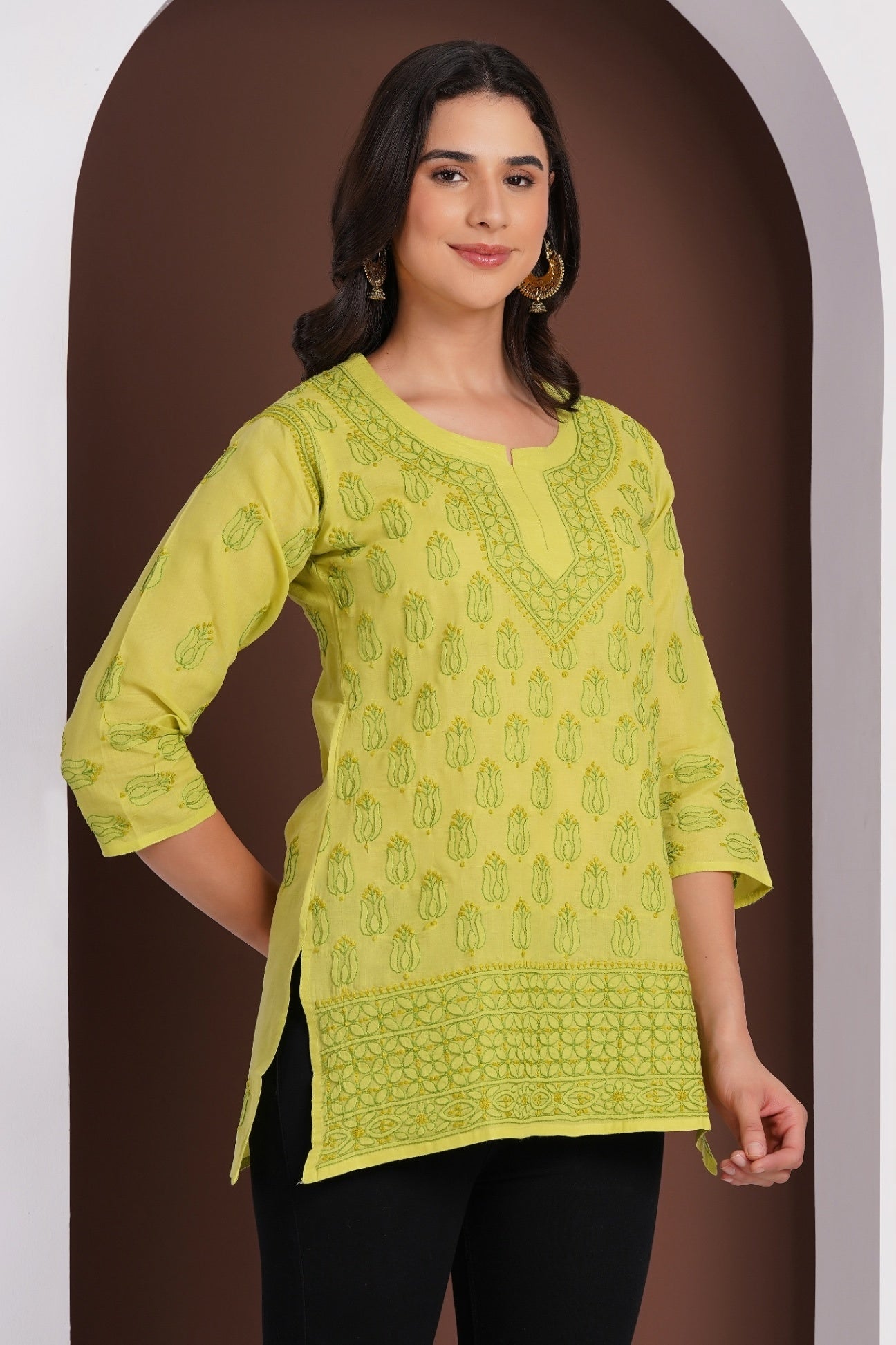 Karigiri Lime Green Chikankari Hand Embroidered Pure Cotton Short Kurti