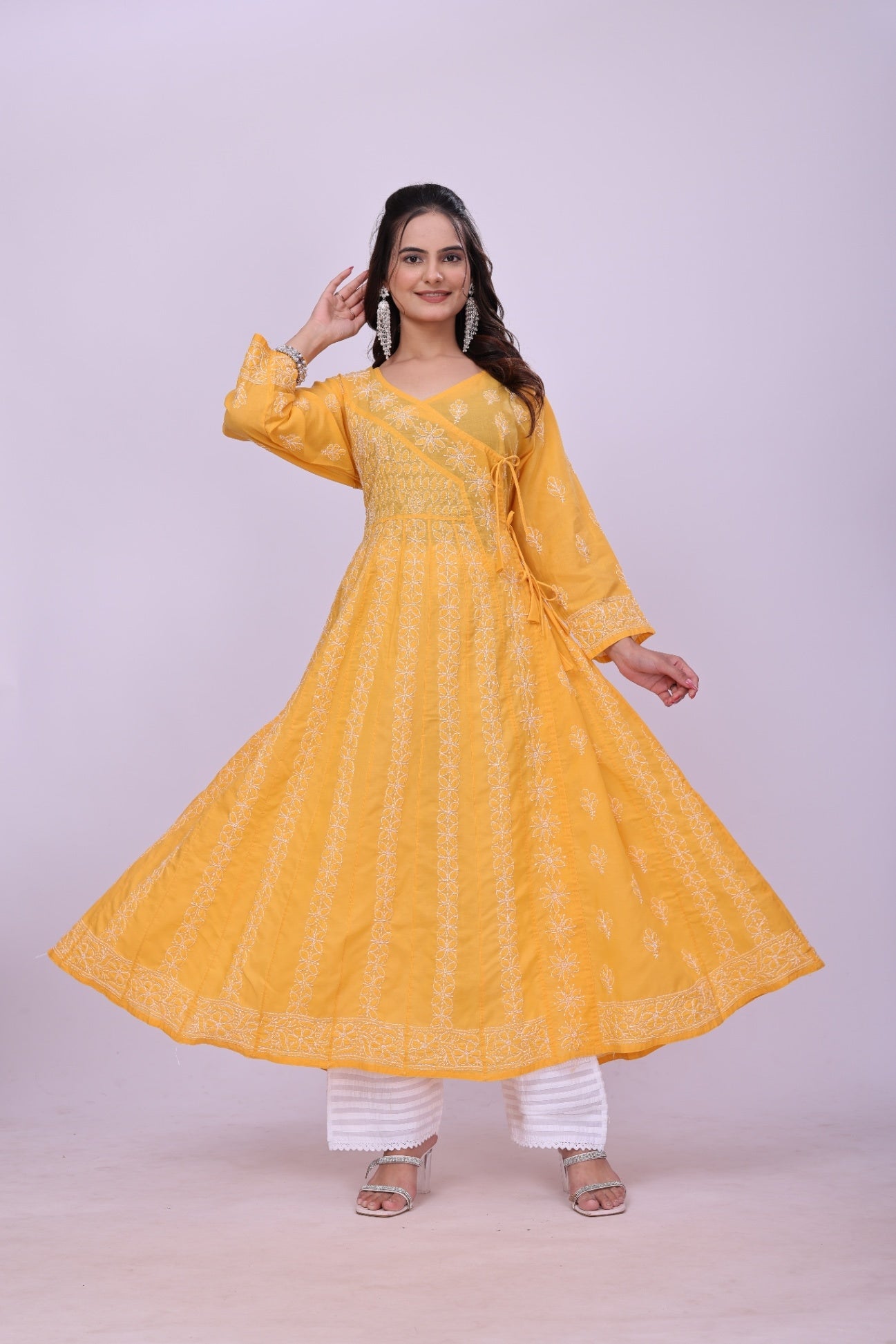 Karigiri Mustard Chikankari Anarkali Kurti Cotton_KF0130