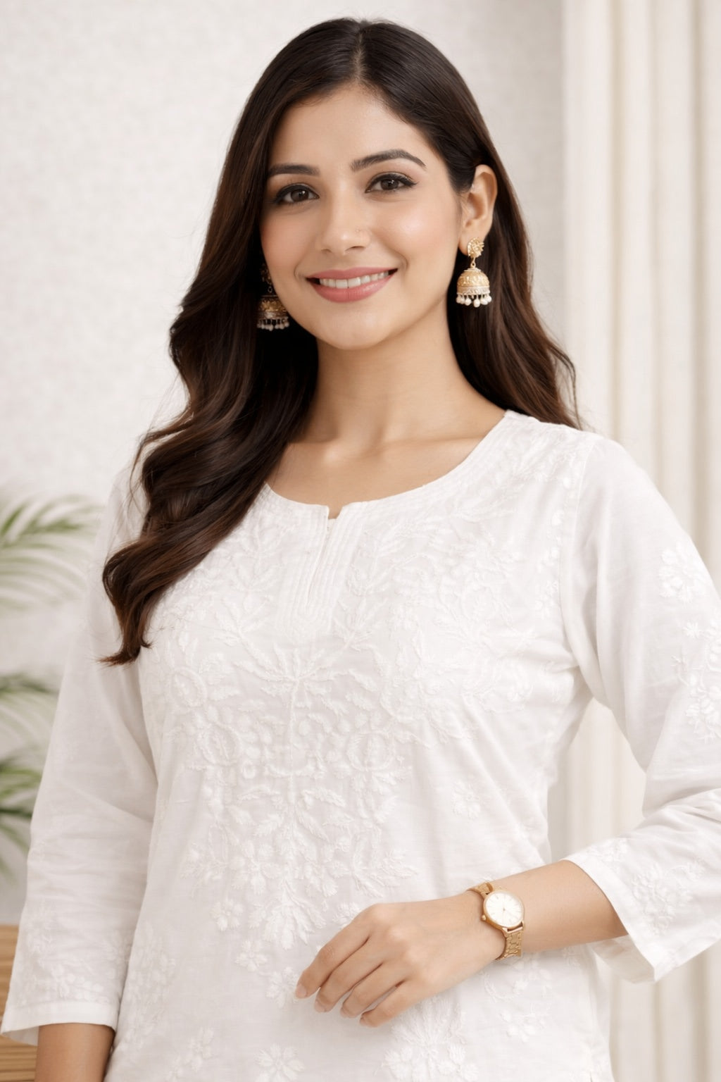 Karigiri White Floral Chikankari Cotton Kurti Set_KF0026