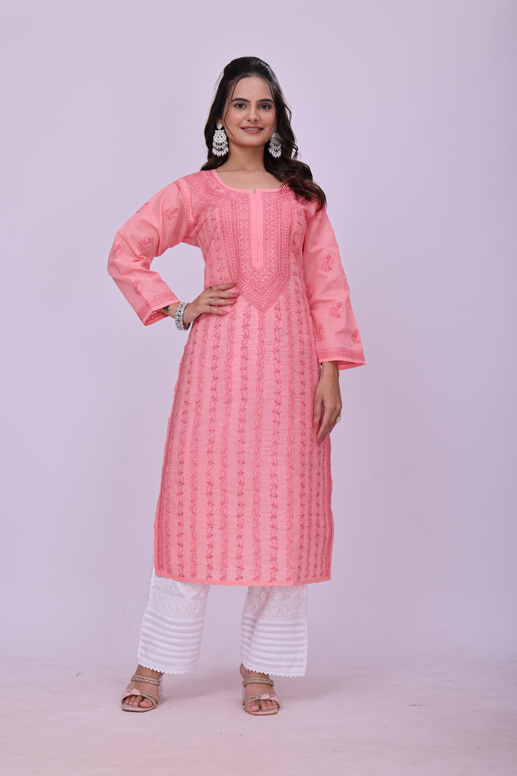 Karigiri Peach Pink Chikankari Cotton Kurti_KF0121