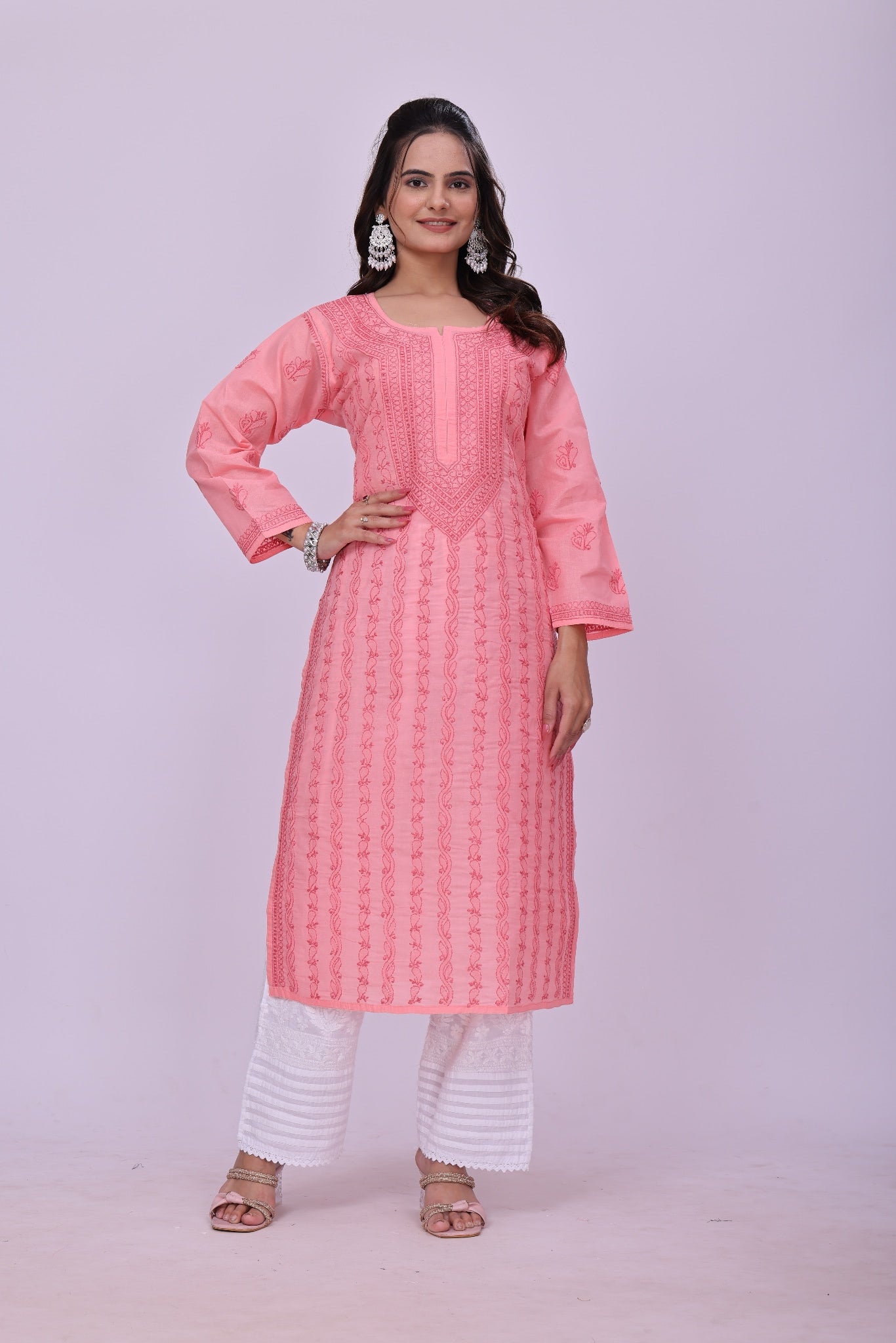 Karigiri Peach Pink Chikankari Cotton Kurti_KF0121