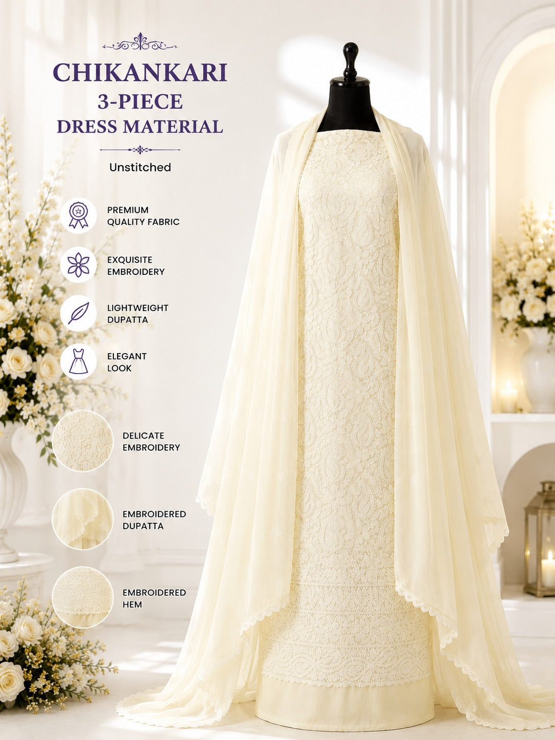 Karigiri Light Cream Chikankari Soft Cotton Dress Material
